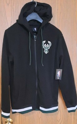 NBA Milwaukee Bucks Mens Full Zip Black Hooded Sweatshirt Size M NWT