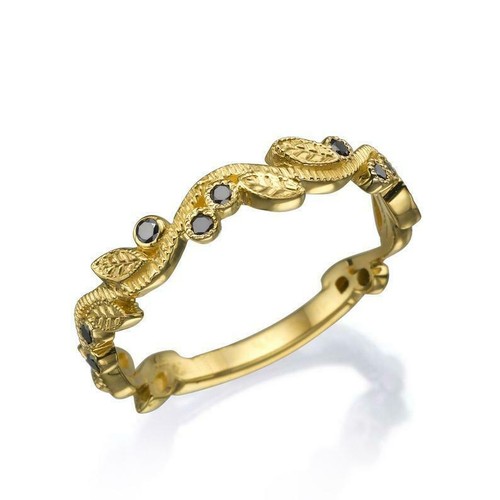 1.5ct Black Lab-Created Moissanite Wedding Band Leaf Petals Yellow Gold Plated - Picture 4 of 7