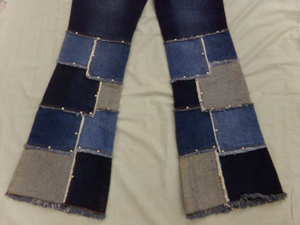 【SATIIIZ】Peber Damage Banded Denim Pants Vintage Zana Di Patchwork Jeans Denim Flare Hippie Boho