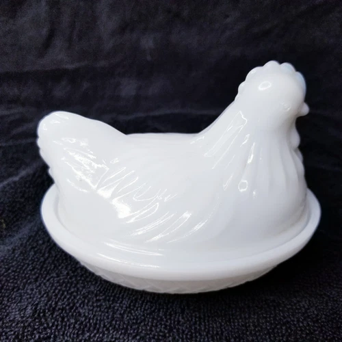 vintage Hazel Atlas small white milk glass hen on nest covered dish