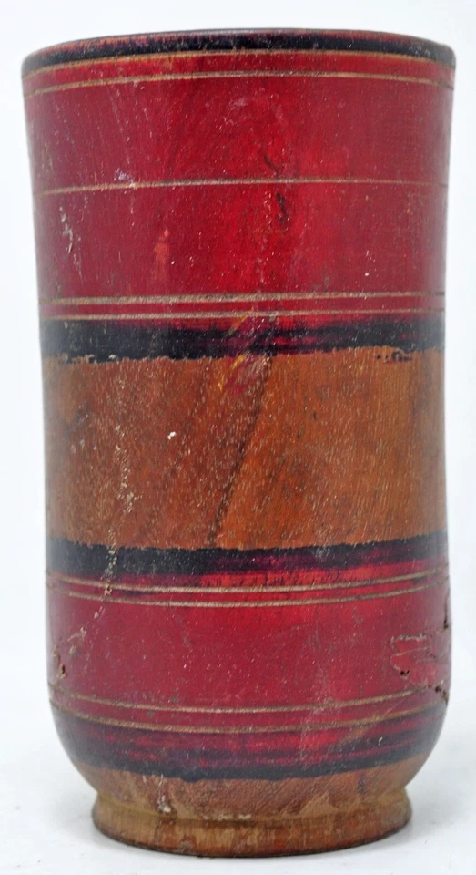 Antiguo vaso de madera de vidrio original lacado tallado a mano pintado Foto 3 de 4