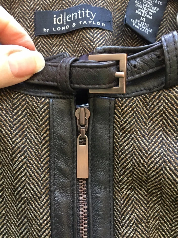 Chaqueta/ Blazer ID/Entity By Lord And Taylor Marrón con Cremallera con Borde de Cuero Talla 14 Foto 3 de 4