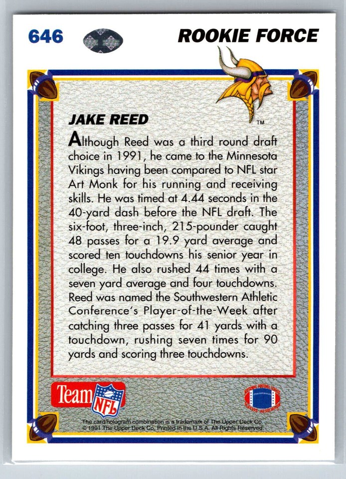 1991 Upper Deck Jake Reed Rookie Force Rookie Minnesota Vikings RC #646 ...