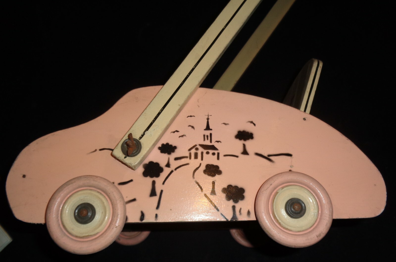 CARROZZINA ROSA IN LEGNO DA BAMBOLA TOY DOLL GIOCATTOLO PASSEGGINO VINTAGE foto 3