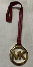 Michael Kors Gold MK Logo Bag Charm Fob Purse Hang Tag Circle Leather Red Strap