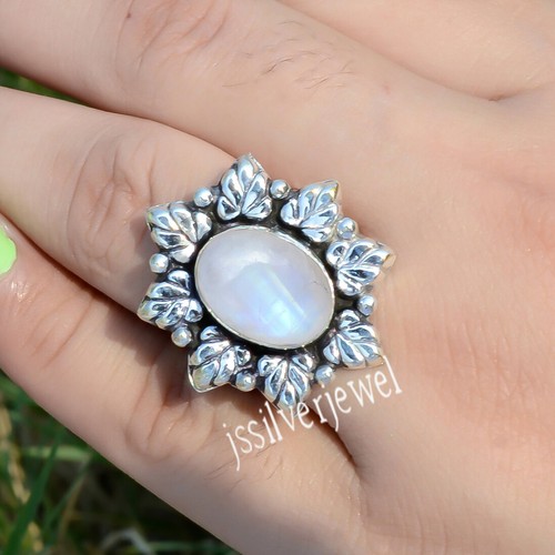 Bague Pierre De Lune Arc-en-Ciel Argent 925 Sterling - Faite Main Inde - Naturelle - Neuf Sans Emballage