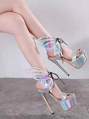 Sandali argento silver farfalla pelle sintetica tacco plateu 17.5