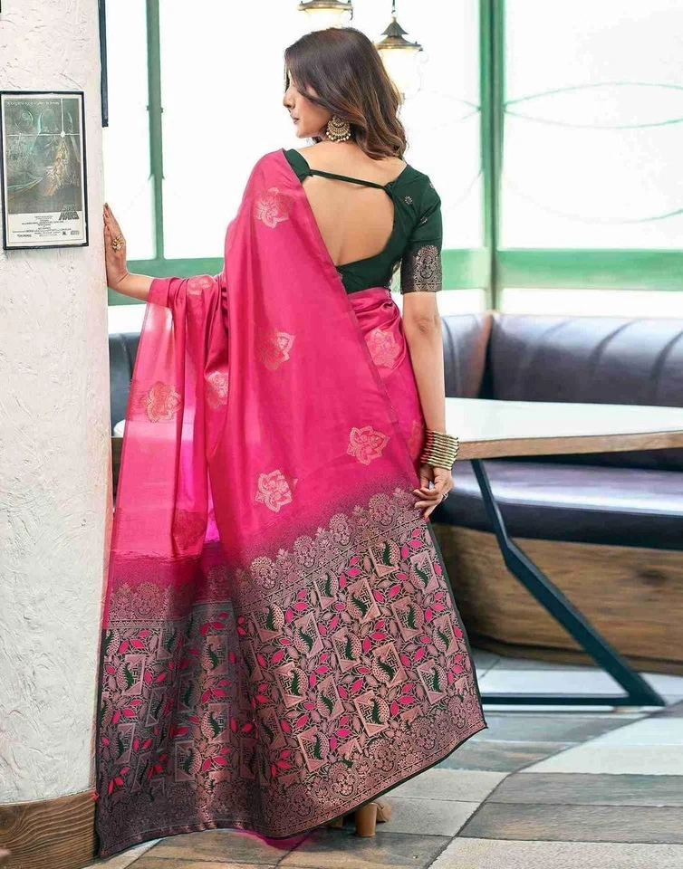 Pink Saree Bollywood Wedding New Design, Customized Blouse Design Party Saree - Image 3 of 4
