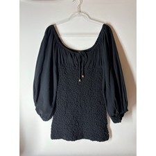 Free People Black Jade Mini Dress Fitted Puff Long Sleeve Size Small NEW