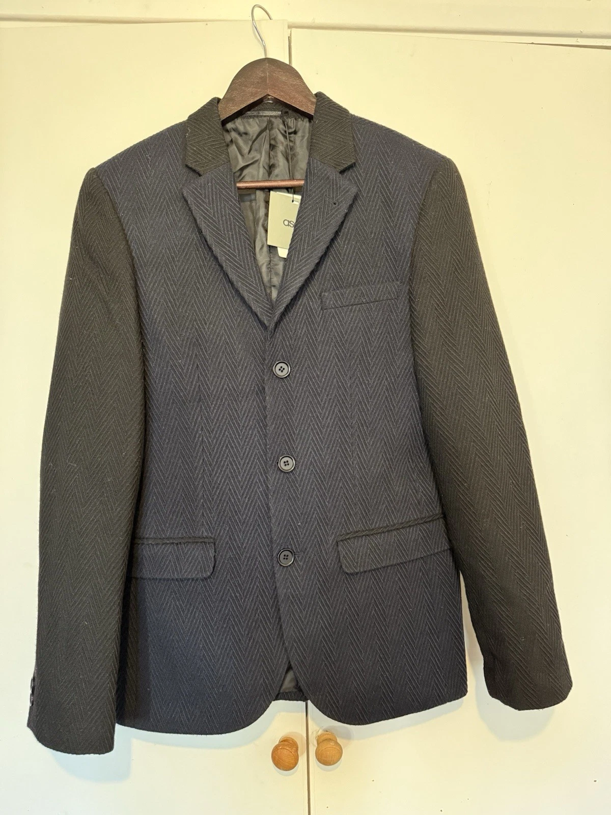 New ASOS Fine Herringbone Tweed Slim Fit Blazer Jacket - Mens 36R - Navy Blue