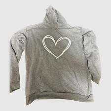 Women's Gray Fleece Pullover Hoodie Heart Graphic Logo Pockets Drawstring M