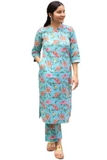 GoSriKi Women's Cotton Blend Straight Printed Kurta with Pant