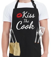 Funny Kiss The Cook Apron Women Men Chef Kitchen Cooking BBQ Grill Pockets