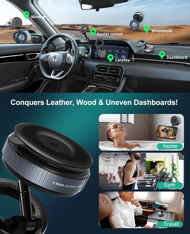 360°Vacuum Magnetic Phone Holder Adjustable Suction Cup Car Mount Foldable Stand - Image 3 of 4