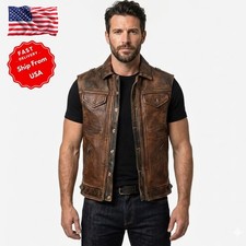 Real Sheepskin Leather Motorcycle Biker Vest Men's Brown Distressed XXS-7XL