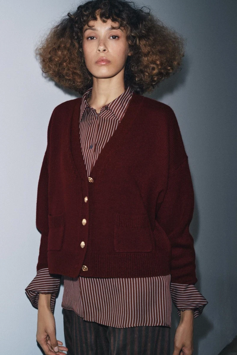 Zara 100% RWS Wool Jacket Cardigan – Maroon, Gold Buttons, Size Small NWT