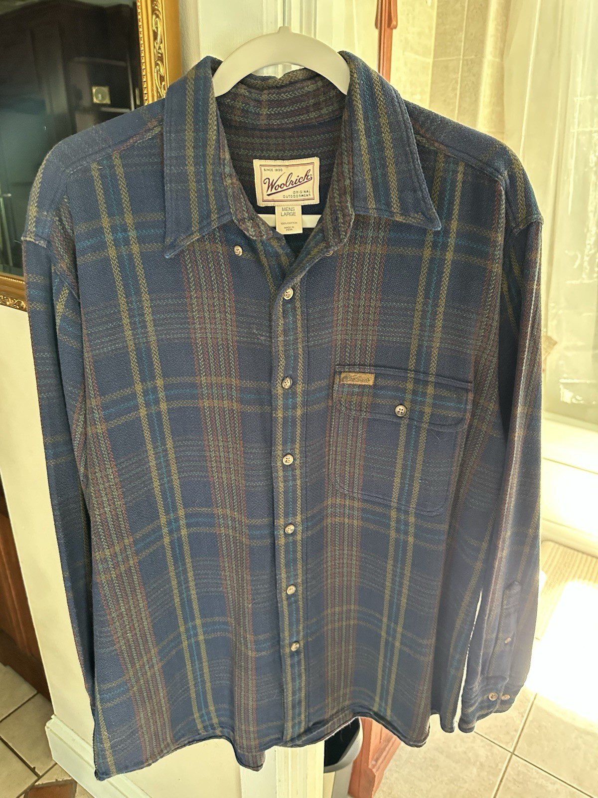 Woolrich Men's L Blue Plaid Flannel Cotton Long Sleeve Shirt w/ Pockets