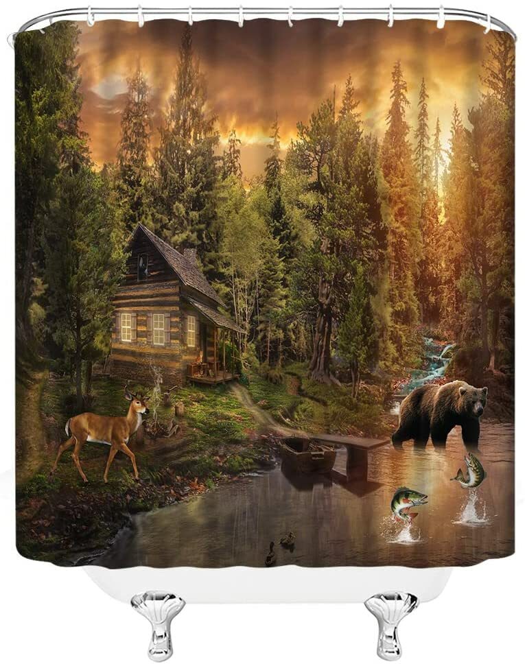 Bear and Deer Shower Curtains with Hooks Forest Animal Bathroom