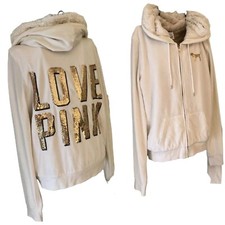 VTG 2012 Victoria's Secret PINK VS Faux Fur Lined Hoodie Sequin Cream Gold S