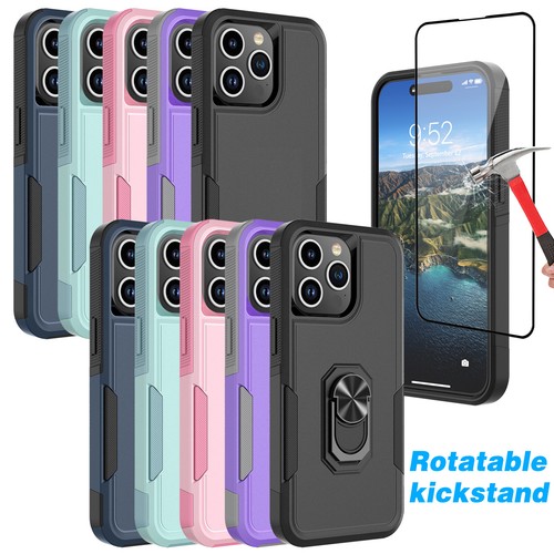 For iPhone 15 Plus Pro Max Shockproof Case Armor Ring Stand Cover+Tempered Glass - 第 1/44 張圖片