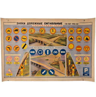 1960 Soviet Police Poster Big Size   Vintage Cars   Highways Road   Road Signs