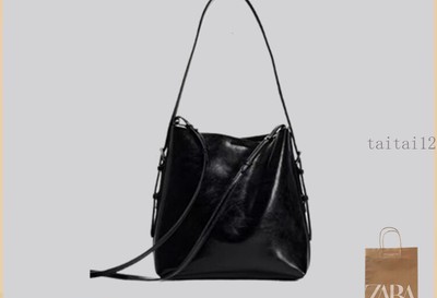 ZARA 2025 Black Double Strap Shoulder Bucket Bag, Large-capacity Messenger Bag