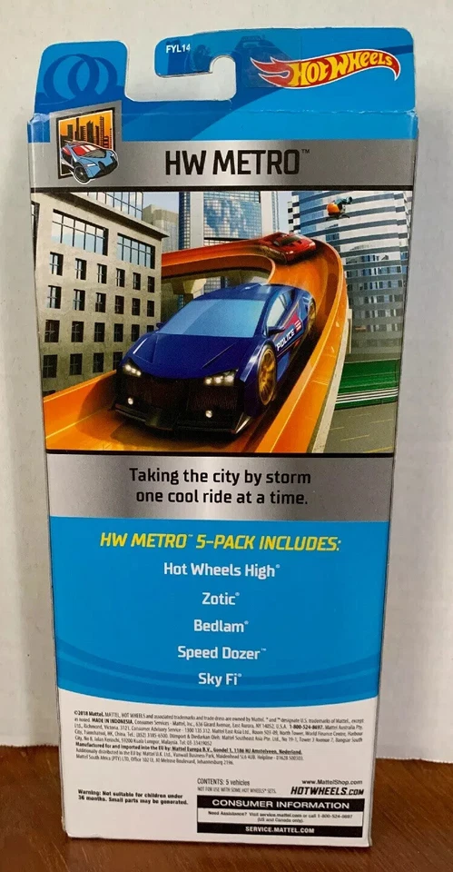 Hot Wheels HW Metro (paquete de 5) 2018, Mattel, HW High, Zotic, Bedlam, Speed Dozer, Sky Fi Foto 2 de 3