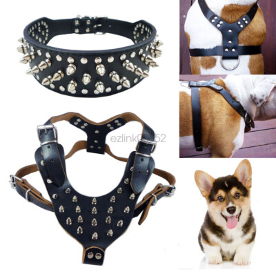 Dog Harness PU Leather Collar Leash Set Fit Dog Studded Spiked