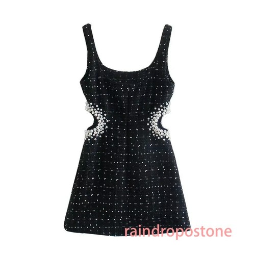 Women's Retro Tweed Black Sleeveless Cutout Dress Pearl Mini Dress Fashion - Picture 3 of 21