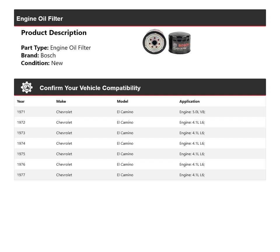For 1971-1977 Chevrolet El Camino Bosch Premium Oil Filter 1972 1973 1974 1975 - Image 2 of 3