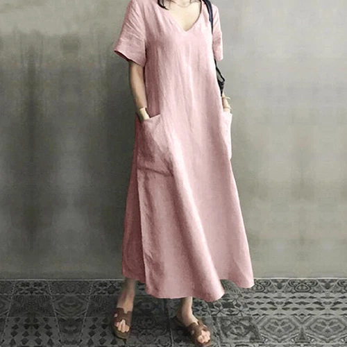 Womens Cotton Linen Short Sleeve Maxi Dress Casual Baggy V Neck Ladies Sundress - Picture 20 of 22