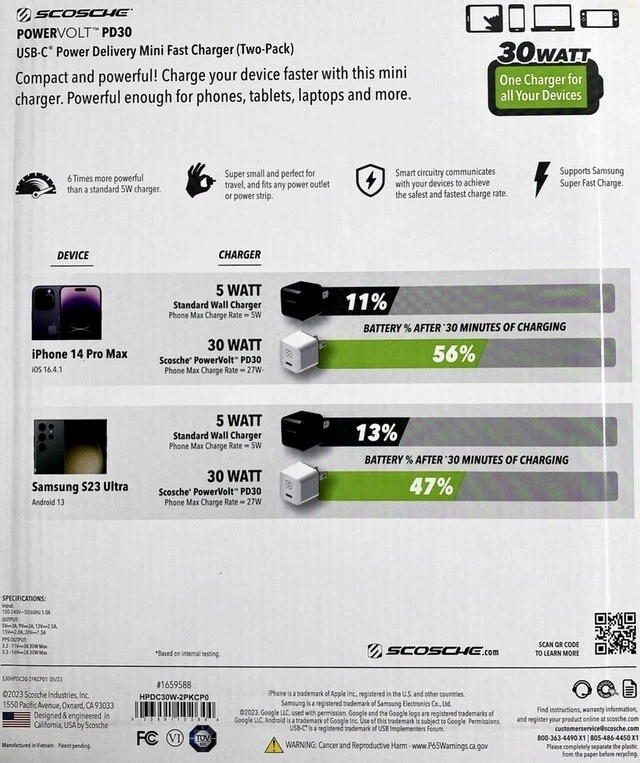 Scosche PowerVolt PD30 USB-C 30W Power Delivery Mini Fast Charger (Pack of 2), - Image 3 of 4
