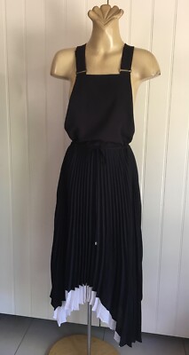 Pinafore DRESS High Low Pleat Skirt MOMA Sz 38 Black white trim Bib n Brace