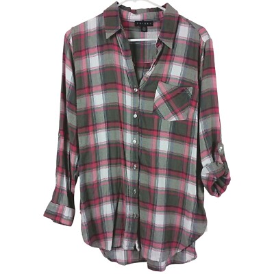 Plaid Flannel Button Up Shirt By Tribal M Roll Tab Sleeve Pink Gray Soft Girl