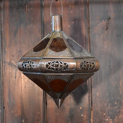 Vintage marokkanische Repousee durchbohrte Metall Bernstein Glas Decken Pendelleuchte
