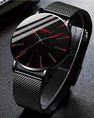 New Red Geneva Minimalist Watch Men Ultra Thin Stainless Steel Mesh Watch