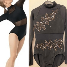 WEISSMAN Dance solo custom black rhinestone long sleeve mesh Leotard MT9622 MA