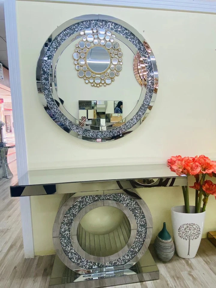 Designer Konsolentisch & Spiegel Set–Silber Hochglanz mit weißen Glitzerkristall - Bild 1 von 4