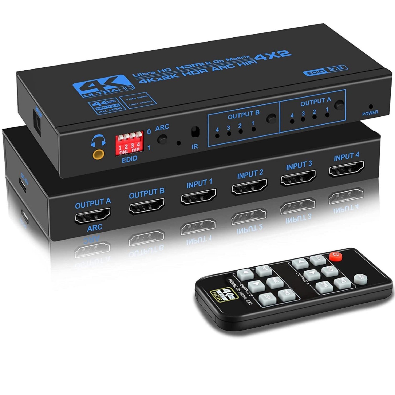 4X2 HDMI Matrix Switch Splitter 4K 60Hz with 3.5mm Jack Stereo out 4 in 2 out