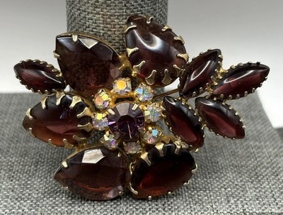 Vintage AB Aurora Borealis Brooch Purple Rhinestone Flower Pin Dogtooth Prongs