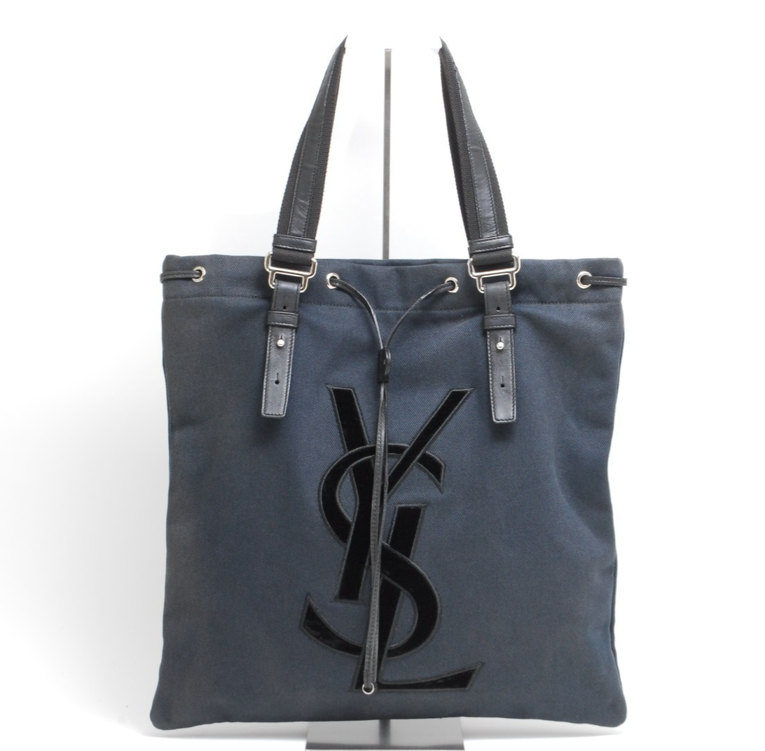 Borsa tote Yves Saint Laurent logo Kahara tela pelle nera YSL