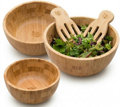 Bambus Holz Salatschüssel und Servierer Set 5-teilig große Servierschalen Pasta, Obst