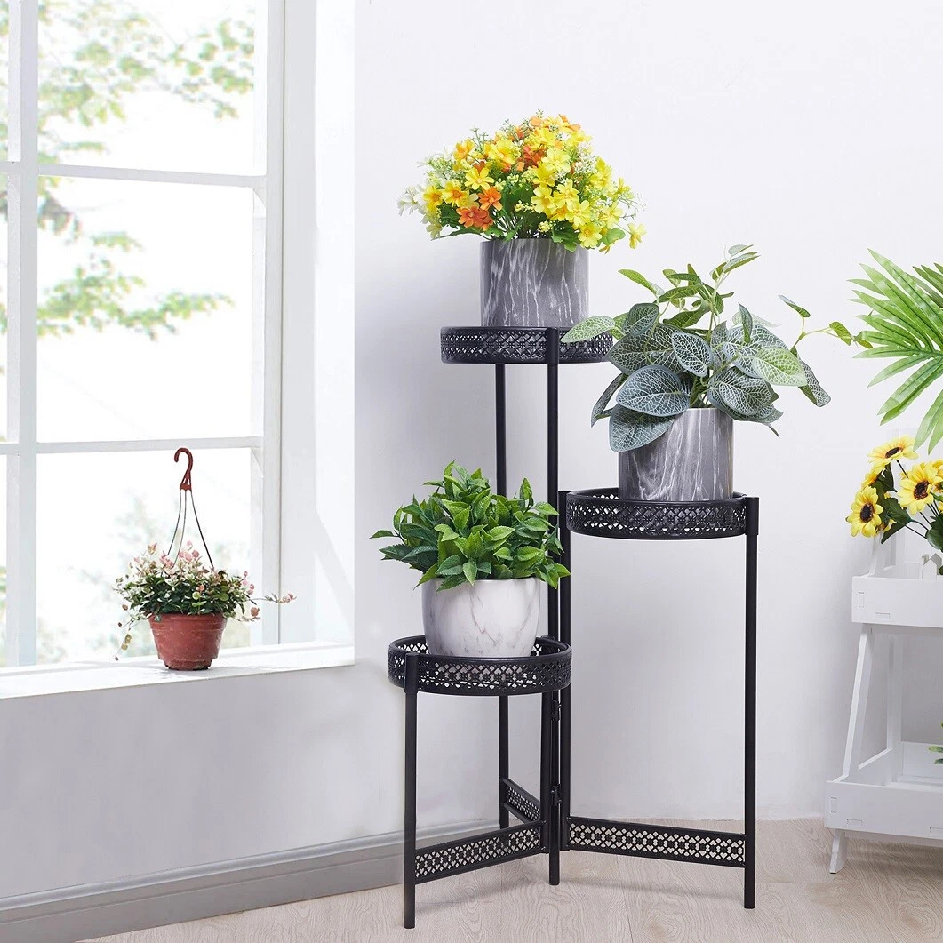 Foldable Corner Plant Stand Metal Flower Pot Shelf w Round Trays