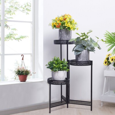 Foldable Corner Plant Stand Metal Flower Pot Shelf w/ Round Trays Indoor  Outdoor | eBay