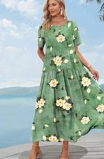 NWOT Cotton Green White Yellow Floral Puff Sleeve Fit & Flare Maxi Dress Sz S