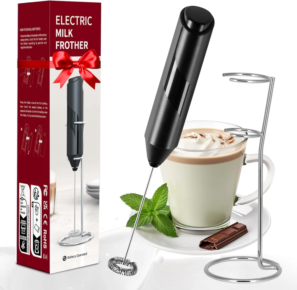 Milk Frother Handheld, Battery Operated, Whisk Maker, w/ Stainless Steel Stand