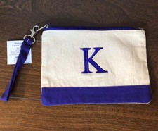   K  Letter Monogrammed Canvas Wristlet Makeup Bag - 9  x6.5  - Blue