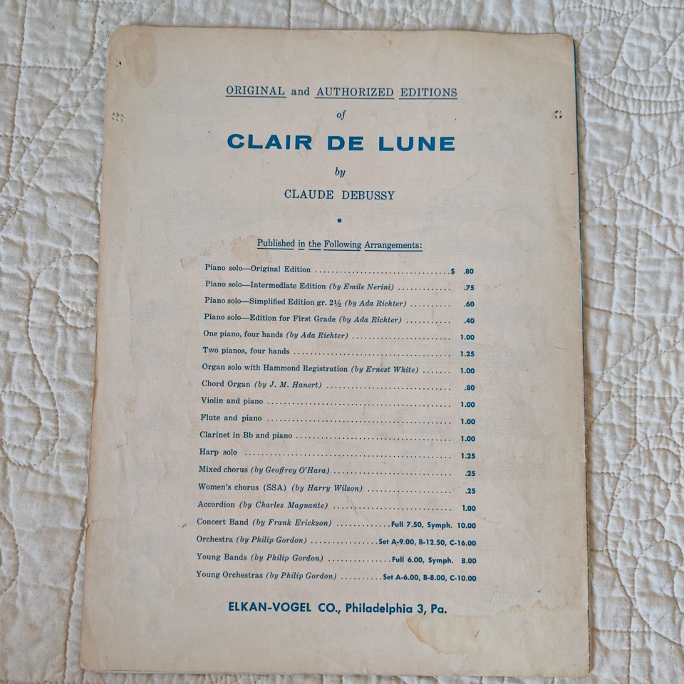 Rare 1927 Vtg "Clair De Lune" By Claude Debussy Song Piano Music Sheet - Image 2 of 4