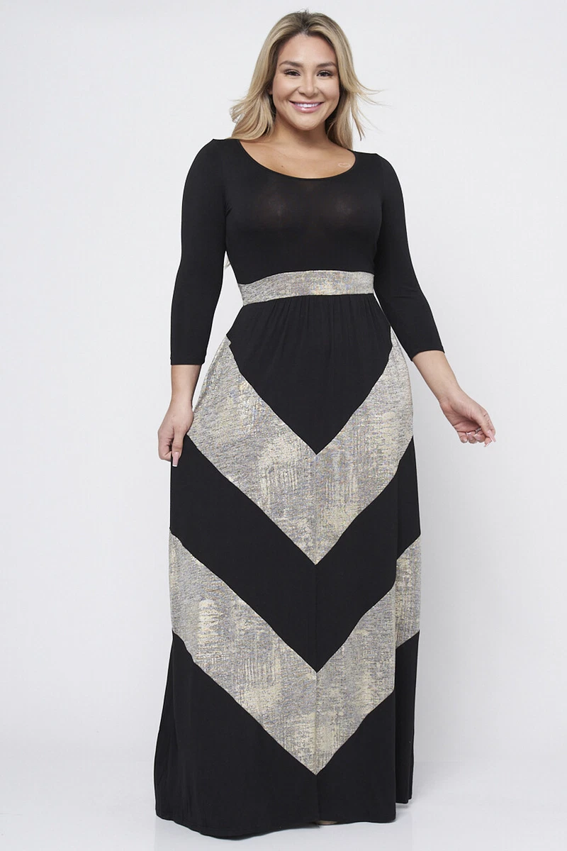 Womens Plus Size Black and Gold Metallic Maxi Dress 2X Tall Long Sleeve Stretch