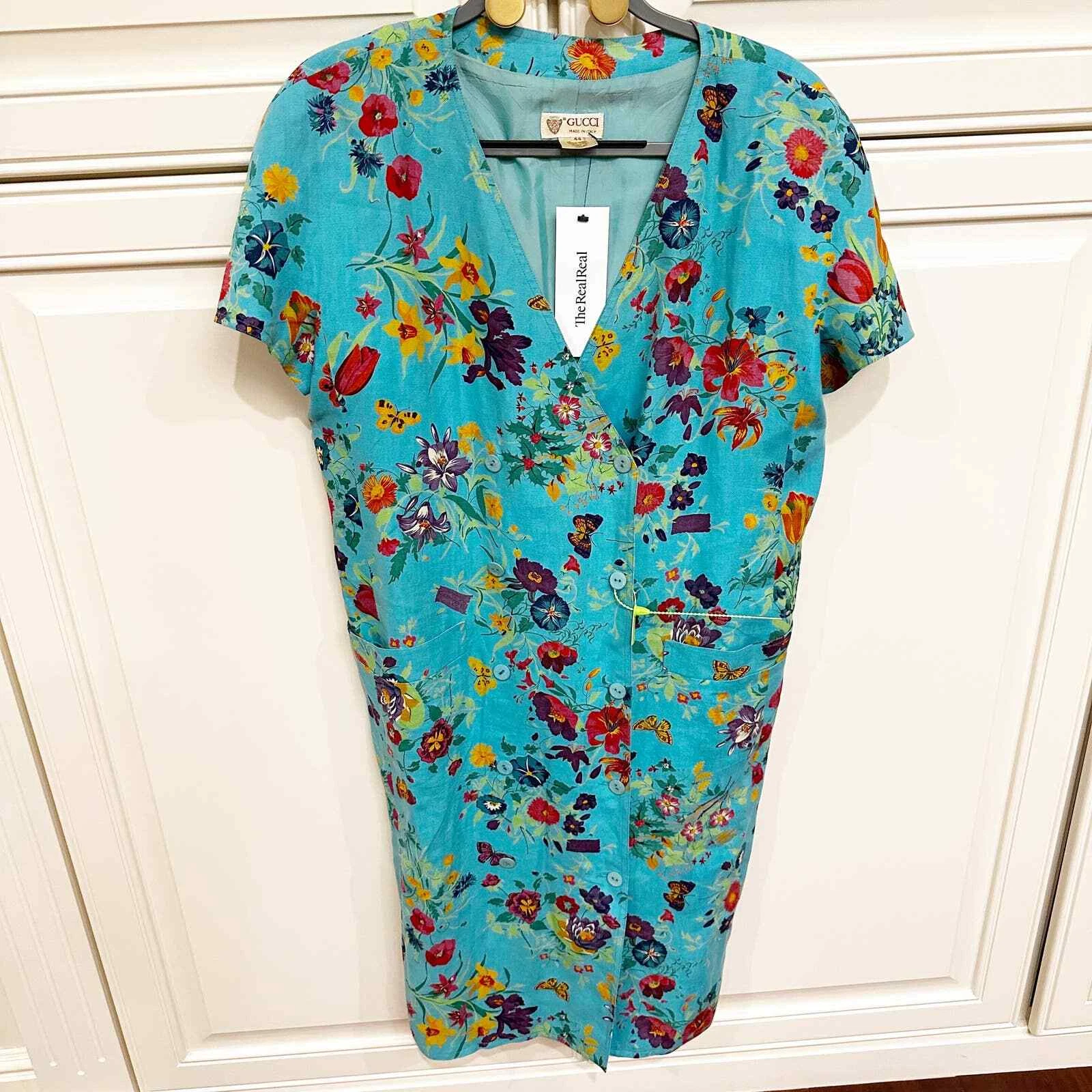 Robe midi en lin floral Gucci Vintage années 80 années 90 bouton col V rare